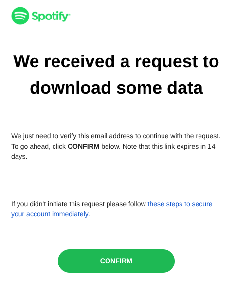 Spotify data request confirmation email